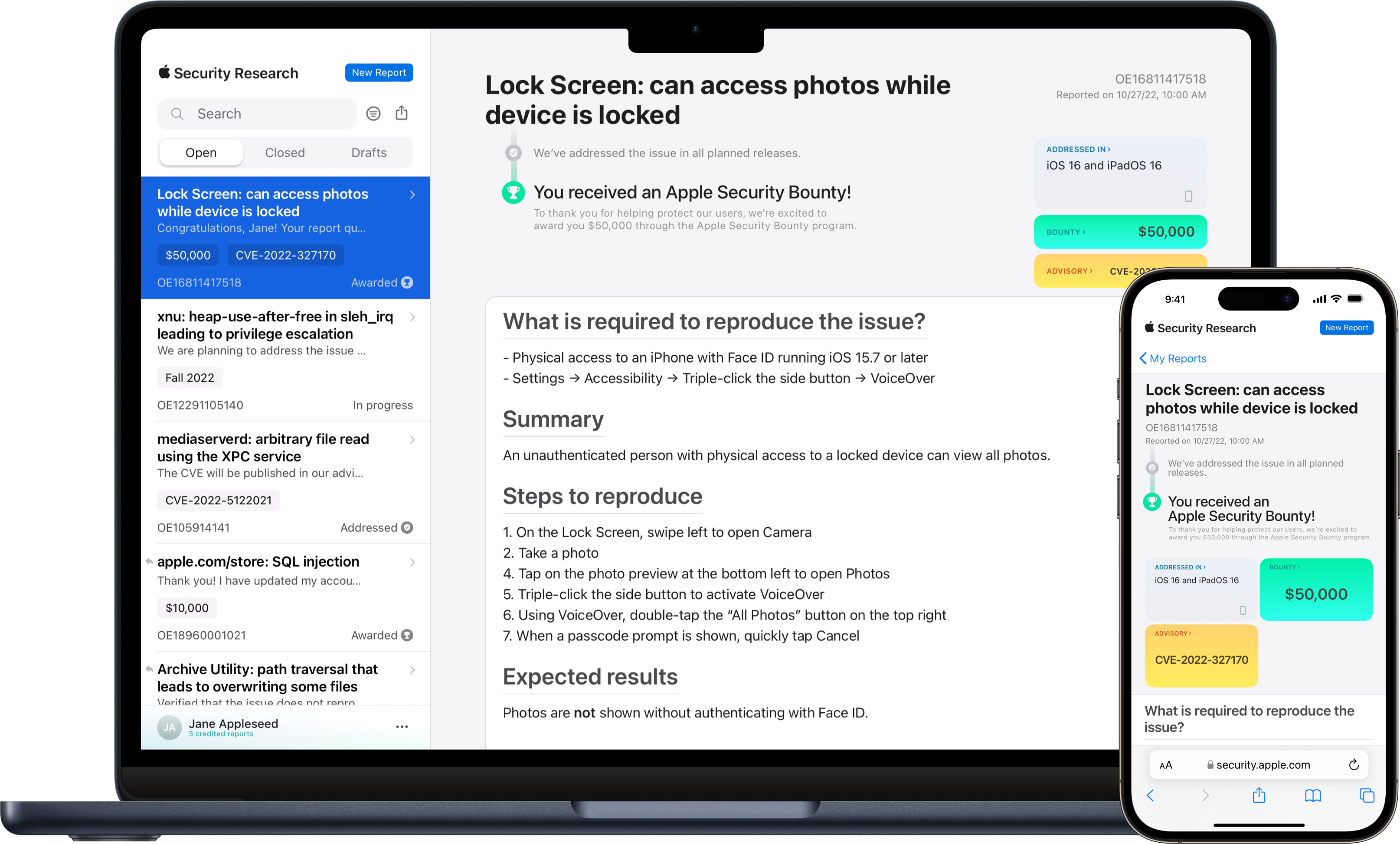 MacBook Pro and iPhone showing a research report that received an Apple Security Bounty reward