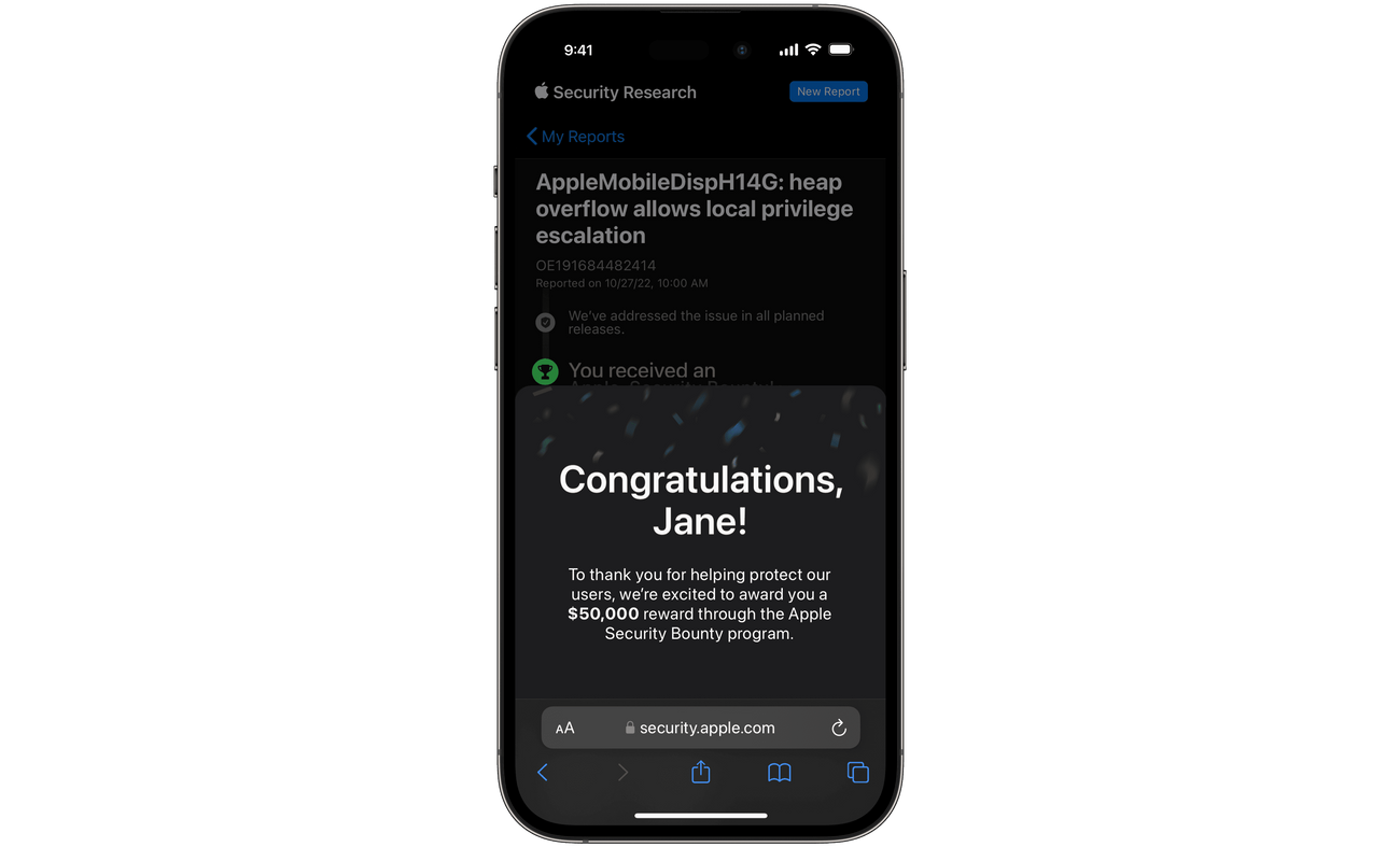 iPhone showing an Apple Security Bounty reward notification
