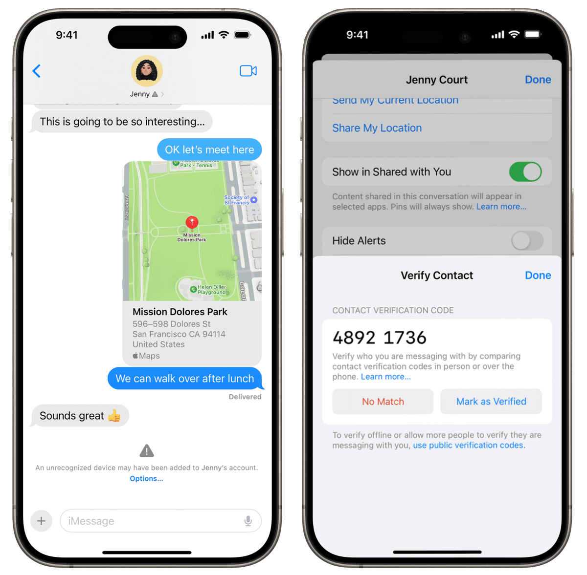 The iPhone on the left displays a contact key verification error in the Messages conversation. The iPhone on the right shows a verification code that users can compare to verify they are messaging with whom they intend.